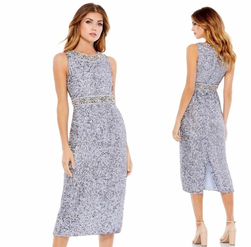 New Mac Duggal sequined light blue midi dress size 16